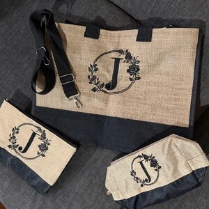 Monogram 'J' Tote and Pouch Set in Natural and Black